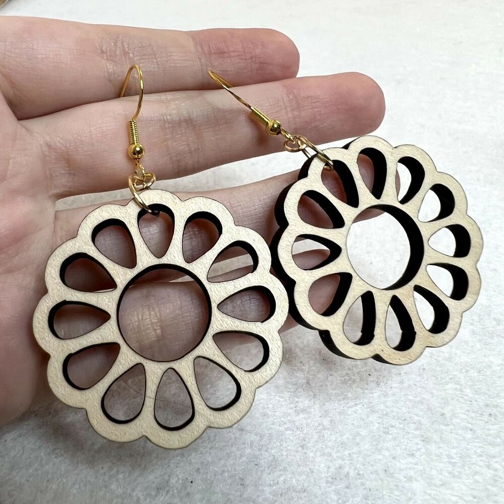 Wooden Flower Cutout Dangle Earrings - Picture 3 of 3